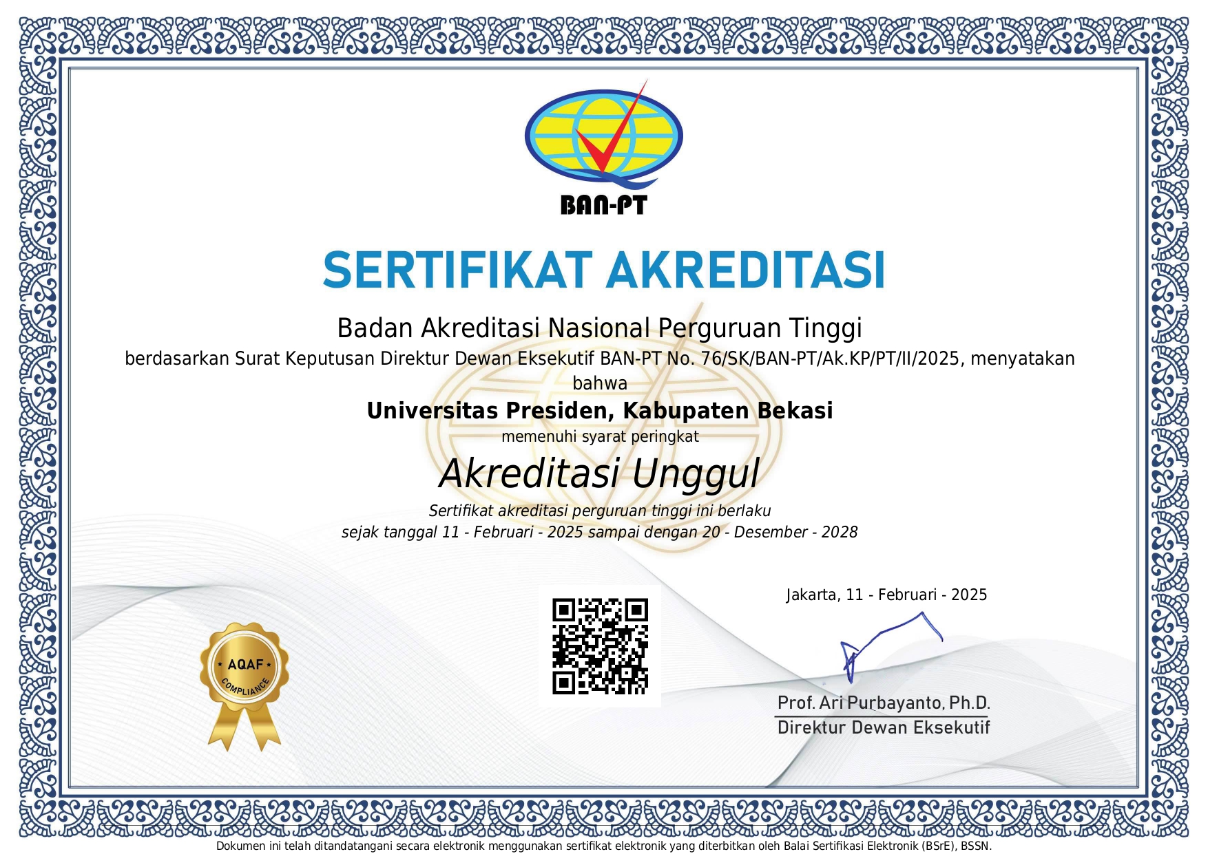 Sertifikat Akreditasi Perguruan Tinggi BAN-PT - Akreditasi Unggul